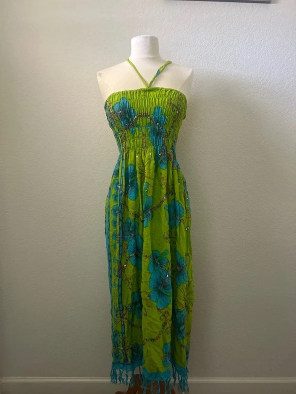 Lime Green Floral Halter Maxi Dress with Blue Bloom Print